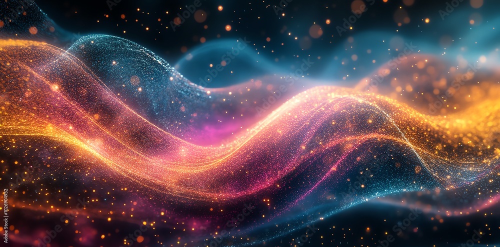 Aufkleber abstract glowing wave with particles and bokeh lights in blue, orange, and pink on a dark background