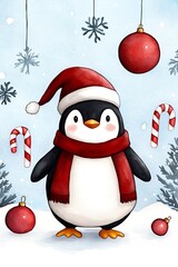 A whimsical penguin character dressed in a festive red scarf and hat, surrounded by holiday decorations in a winter setting.
