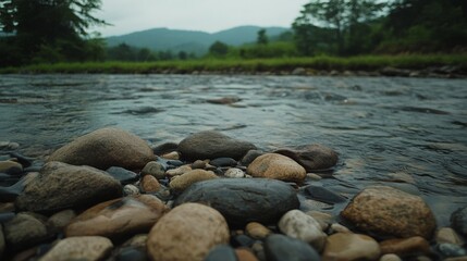 Obraz premium Serene River Flowing Through Forested Mountains