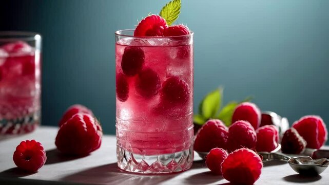 Raspberry cocktail over a blue background