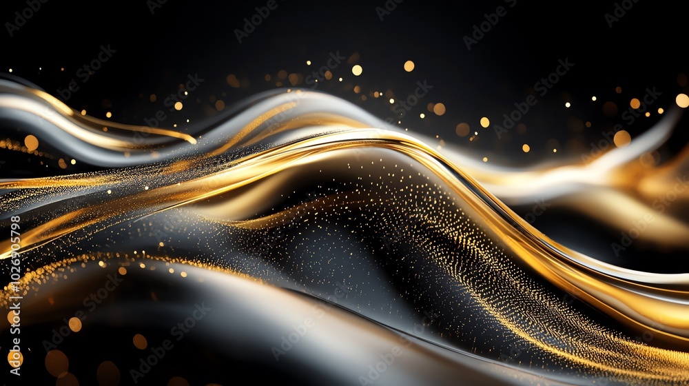 Aufkleber abstract wavy golden background with black and white particles on a black backdrop.