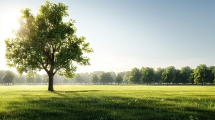 Obraz premium A solitary tree stands tall in a sun-drenched meadow, surrounded by a line of trees in the distance.