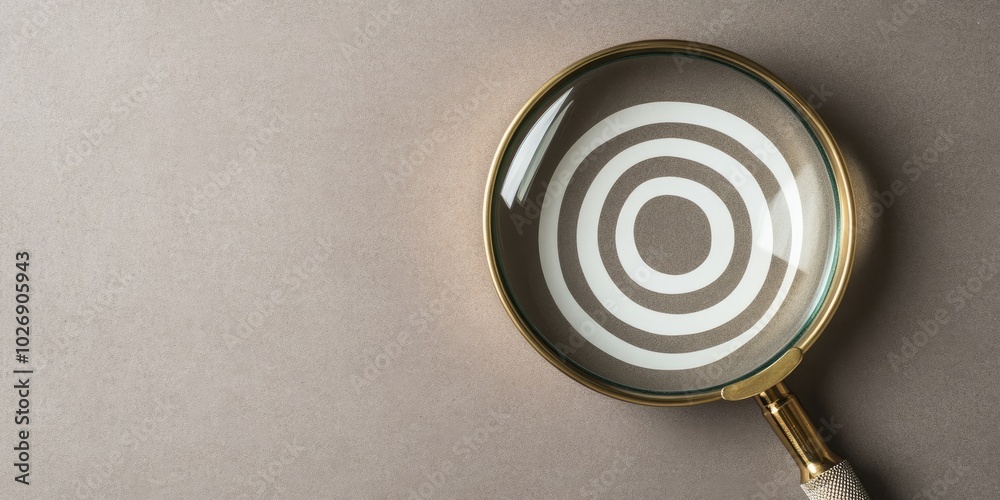 Poster Target board inside magnifier glass for focus business objective on gray background and copy space. Search, goal, strategy, success