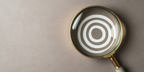 Target board inside magnifier glass for focus business objective on gray background and copy space. Search, goal, strategy, success