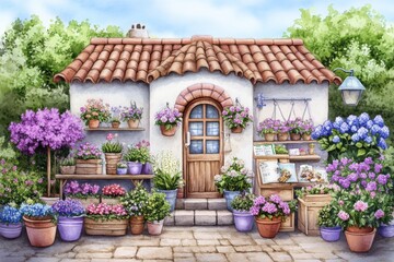 Charming flower shop with vibrant blooms, a rustic door, terracotta roof, wooden shelves adorned with pots, and lush greenery in a picturesque garden setting.