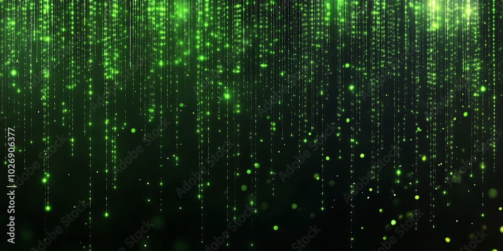 Poster abstract background of green glowing particles falling like rain.