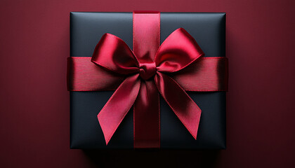 Black gift box with a bright red satin ribbon, placed at the intersection of a matte black and rich burgundy backdrop, capturing elegance and surprise....