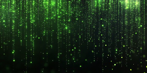 Abstract background of green glowing particles falling like rain.