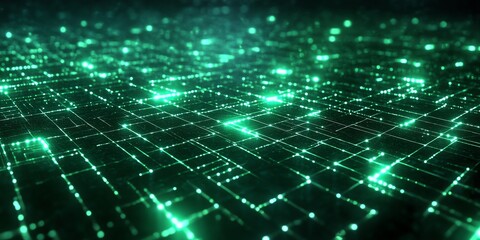 Abstract green glowing digital grid background.