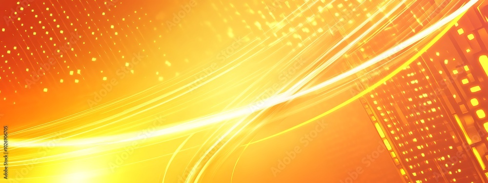 Poster abstract orange and yellow background with glowing lines and dots.