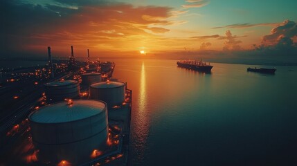 Dramatic Sunset Over Industrial Harbor With Oil Tanks