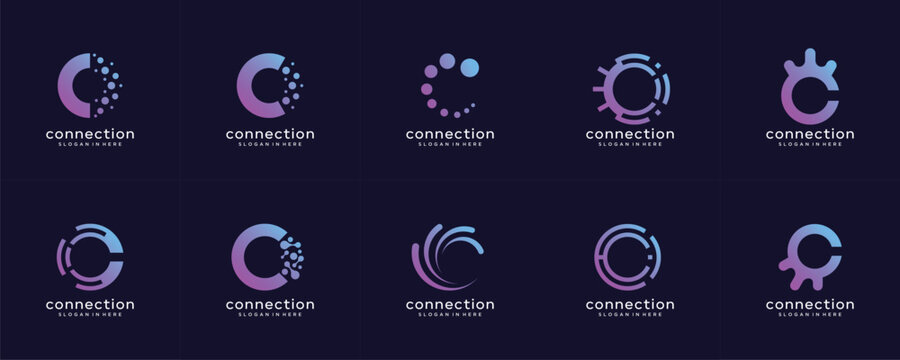 Set on collection Abstract initial letter C  digital dot tech icons set of vector logo design. Universal colorful biotechnology science, medical, logotype, technology, lab