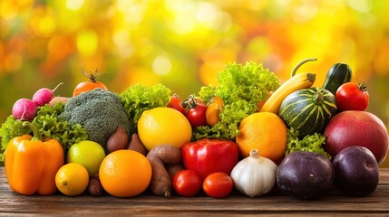 Close-up of vibrant fresh vegetables and fruits on wooden table, symbolizing healthy blood pressure foods, emphasizing natural nutrition and wellness.
