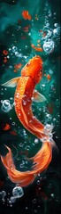 Vibrant digital painting of an orange koi fish swimming with bubbles in turquoise water, symbolizing tranquility and beauty.
