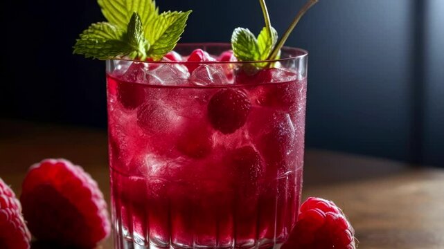 Raspberry cocktail over a blue background