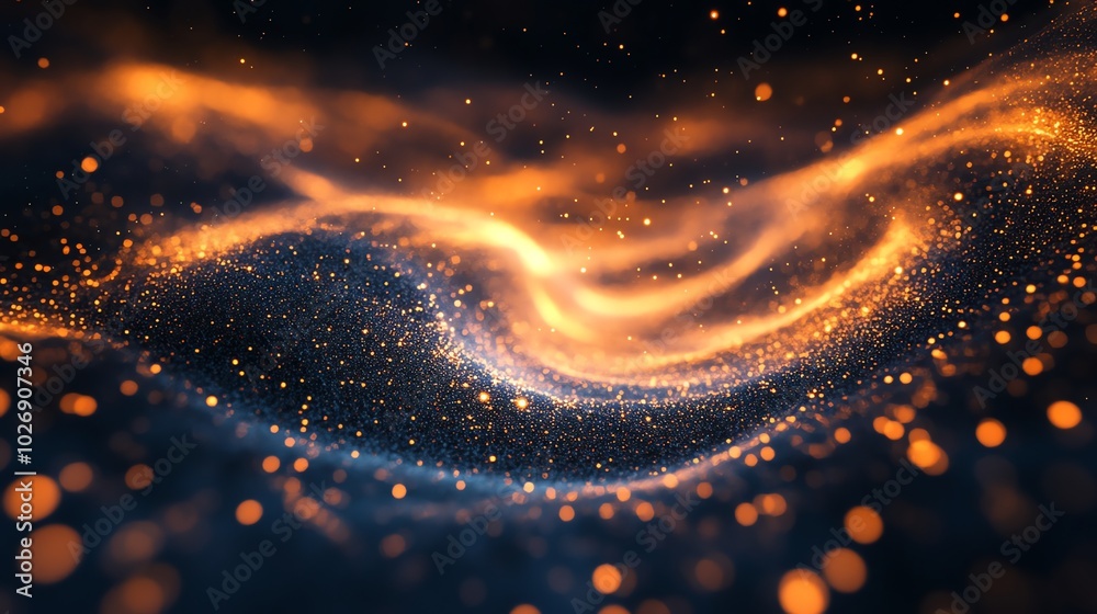Poster Abstract background with a wavy pattern of glowing particles and blurred lights.