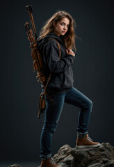 Fototapeta premium A teen girl holding a crossbow is seriously standing on a mountain rock with a dark gray background.