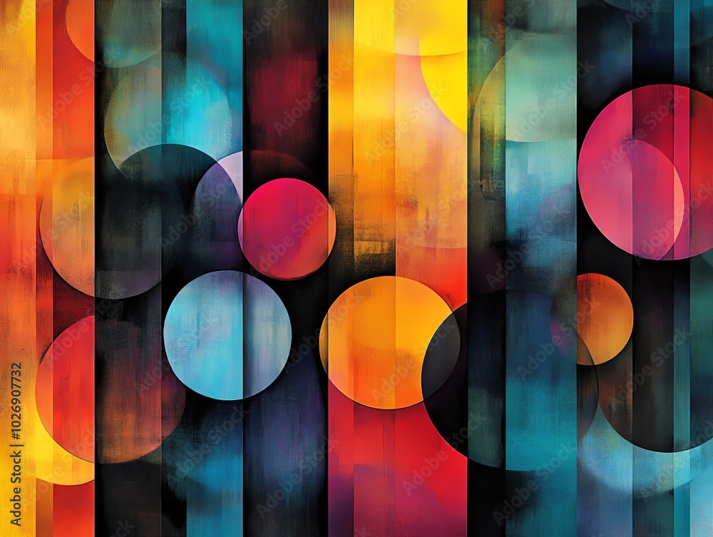 Poster Abstract background with colorful stripes and overlapping circles in a grunge style.