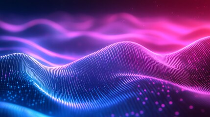 Abstract background with blue and pink waves and particles.