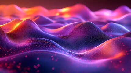 Obraz premium Abstract wavy surface with glowing particles in a vibrant pink, orange, and blue color scheme.