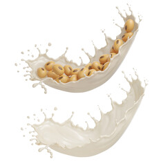 Soy milk pouring and Splash with Soy beans, 3d rendering.