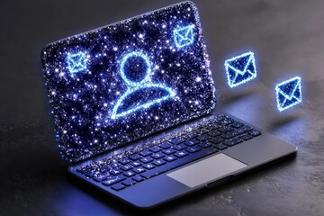 Digital communication concept, illuminated laptop screen displaying a user icon and glowing email icons, representing connectivity and online interaction in a modern world.
