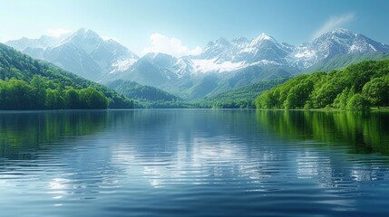 Fototapeta premium Serene lake reflecting snow-capped mountains and lush green trees. AI generative. .