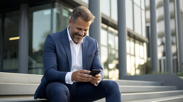 A middle-aged man in business attire, sitting on the steps of an office building and smiling at his phone while looking into it. - Powered by Adobe