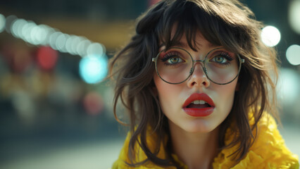 A cute teenager with short dark hair, round glasses and large brown eyes is posing outdoors with an expression of slight awe or confusion. The woman wearing a yellow coat.