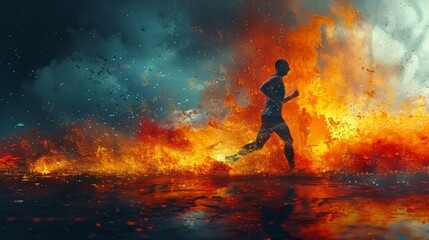 Obraz premium A silhouette of a person running through a fiery landscape with water reflecting the flames. AI generative. .