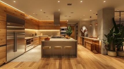 Modern kitchen with wood cabinets, stainless steel appliances, and a concrete pillar. AI generative. .