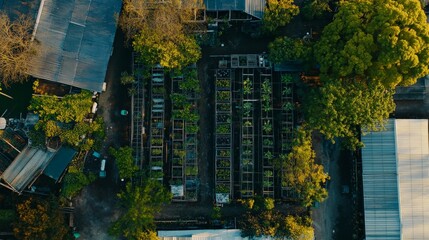 Aerial View of Verdant Urban Greenhouse in Autumn