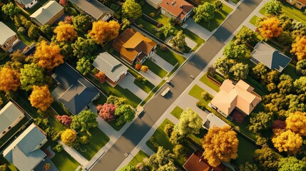Vibrant Autumn Neighborhood: An Aerial View of Colorful Homes and Trees