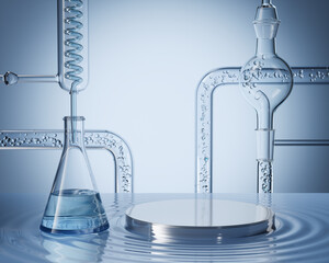 Cosmetic scientific skincare background materials, podium display with glass flask, Laboratory 3d...