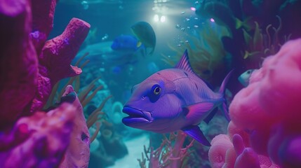 A Purple Fish with a Large Eye Swimming Near Coral in an Aquarium