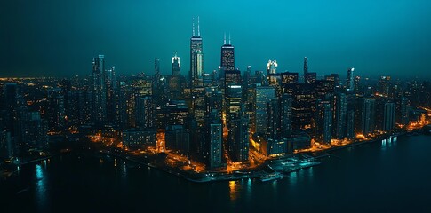 Obraz premium Aerial view of city skyline at night with buildings lit up.
