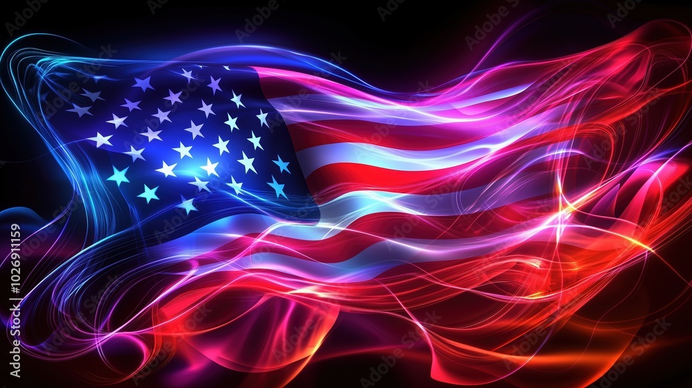 Poster A vibrant and dynamic neon light effect American flag waving against a dark backdrop. Glowing lines and stars create an abstract design symbolizing freedom, peace, diversity, and unity. The dynamic li