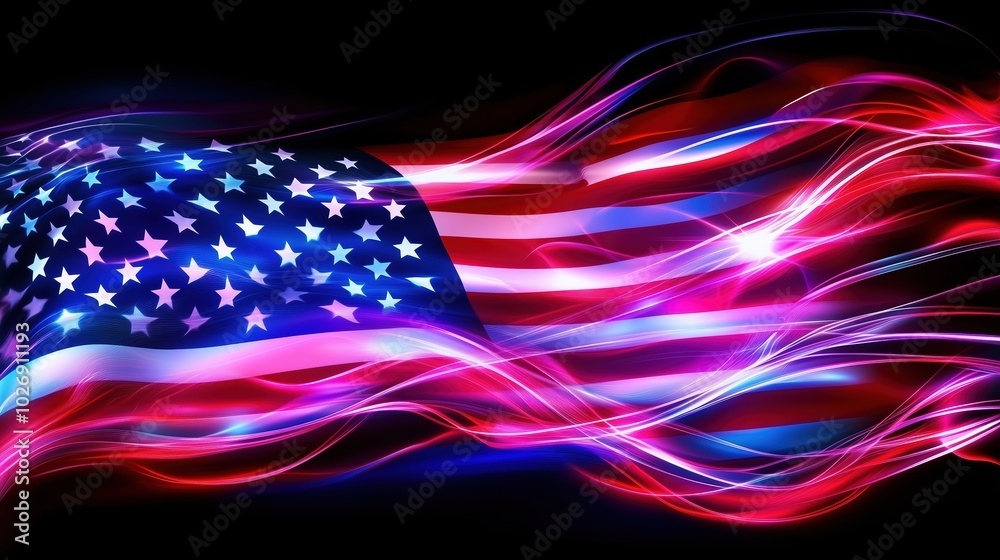 Poster A vibrant and dynamic neon light effect American flag waving against a dark backdrop. Glowing lines and stars create an abstract design symbolizing freedom, peace, diversity, and unity. The dynamic li