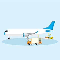 concept illustration of a cargo plane being unloaded or loaded with goods, flat style vector illustration.