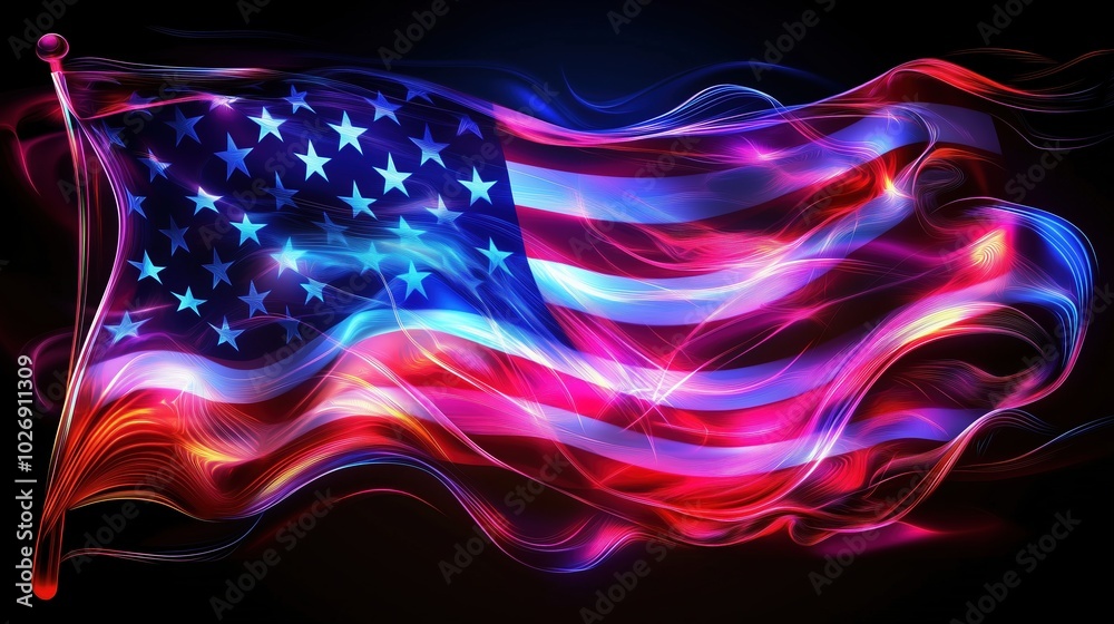 Aufkleber a vibrant and dynamic neon light effect american flag waving against a dark backdrop. glowing lines 