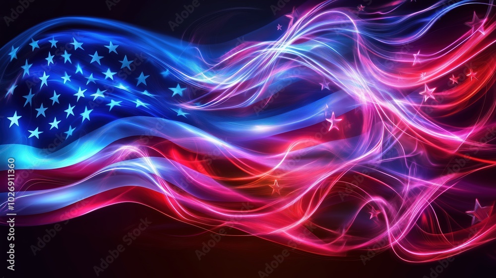 Poster a vibrant and dynamic neon light effect american flag waving against a dark backdrop. glowing lines 