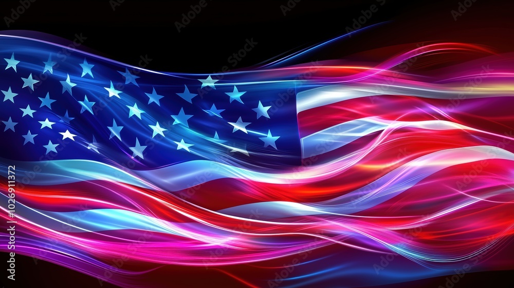 Poster A vibrant and dynamic neon light effect American flag waving against a dark backdrop. Glowing lines and stars create an abstract design symbolizing freedom, peace, diversity, and unity. The dynamic li