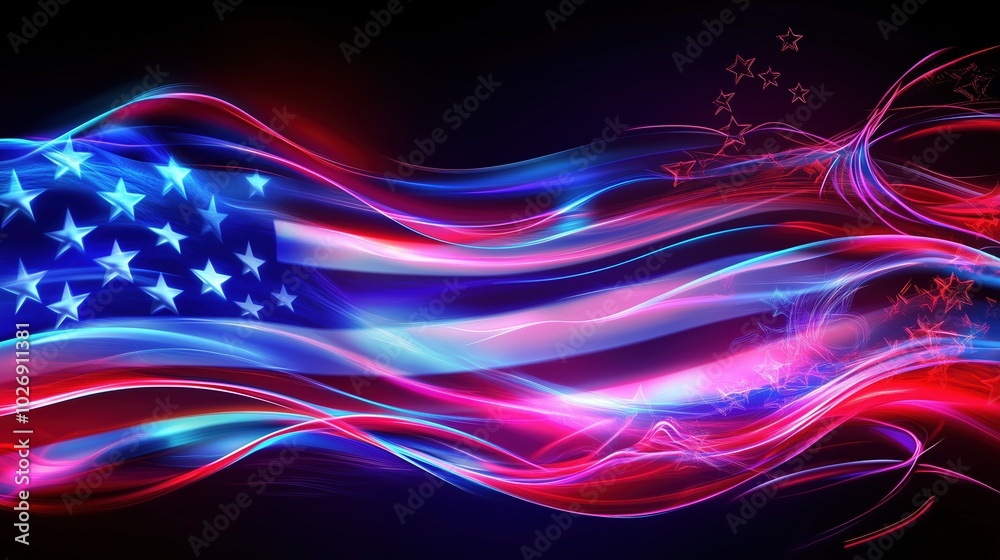 Poster A vibrant and dynamic neon light effect American flag waving against a dark backdrop. Glowing lines and stars create an abstract design symbolizing freedom, peace, diversity, and unity. The dynamic li