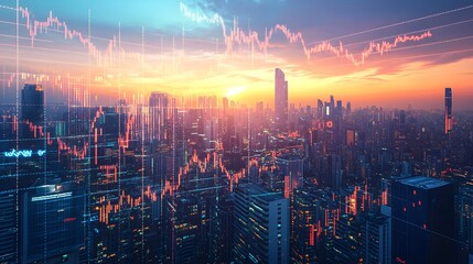 Fototapeta premium Stock graph increasing with a bright sky over a large city