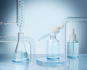 serum bottle with doppler with glass flask and cylinder equipment in medical science lab...