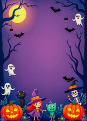 Purple Halloween Background with Spooky Elements and Characters