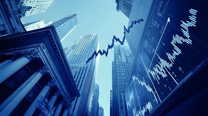 Obraz premium Stock graph soaring high in the midst of large buildings and modern architecture