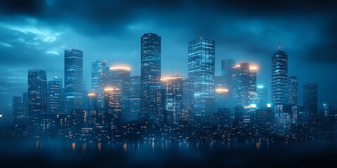 A futuristic cityscape with glowing lights against a blue sky.