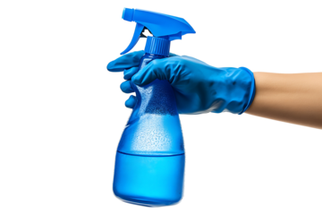 Blue Gloved Hand-Holding Spray Bottle isolated on a transparent background