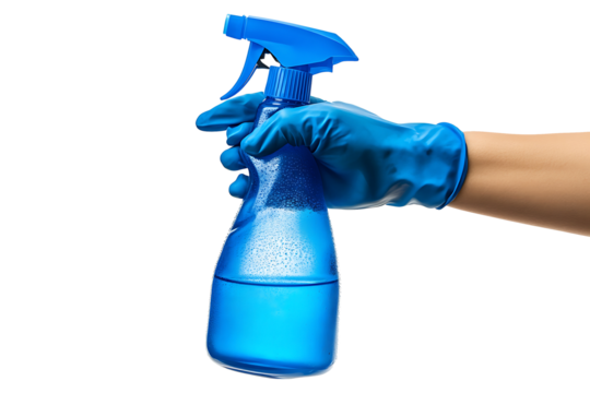 Blue Gloved Hand-Holding Spray Bottle isolated on a transparent background